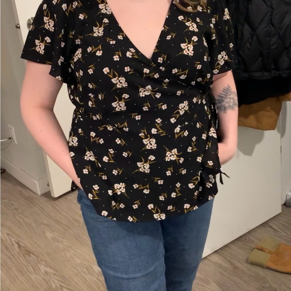 Addition Elle Black Floral V-Neck Blouse